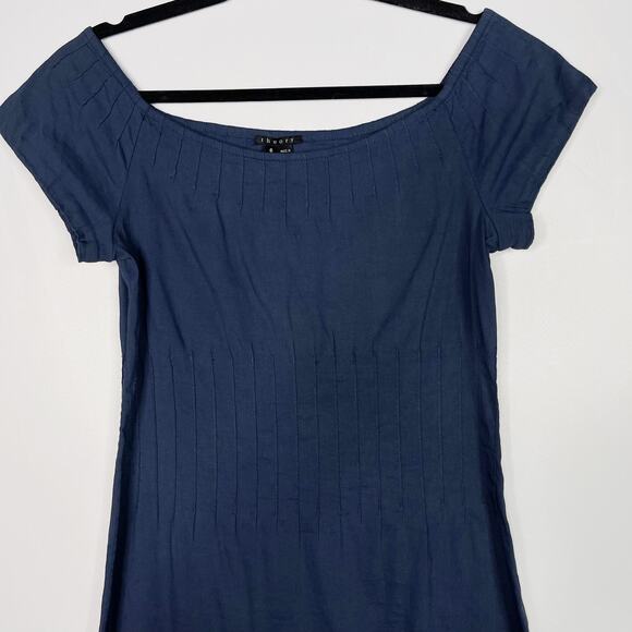 Theory Size 6 Navy Blue Linen Ashby Dress Off The Shoulder Seamed Details Sheath - Picture 3 of 9